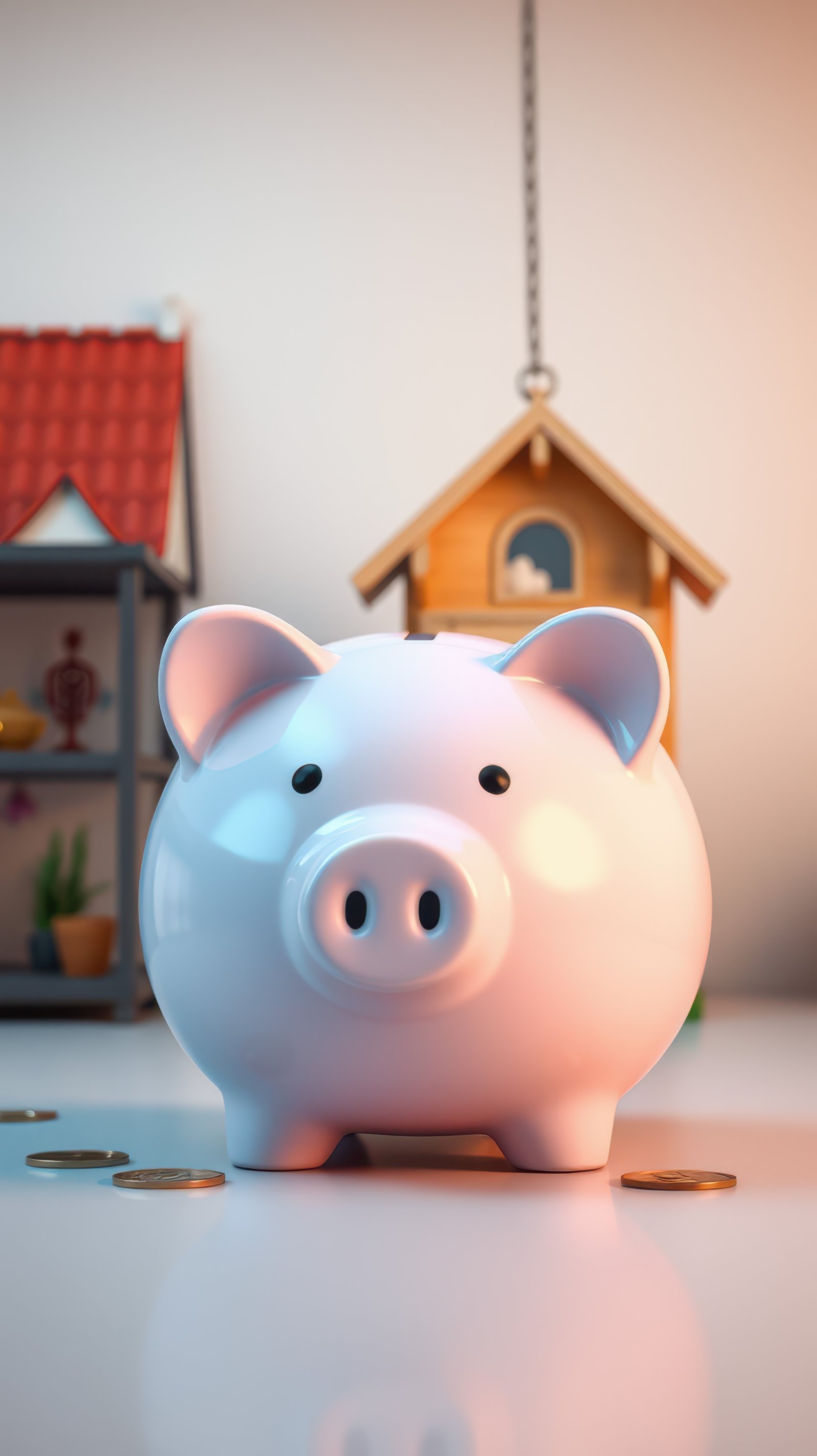 Cute piggy bank surrounded by coins in a cozy indoor setting with a small house in the background